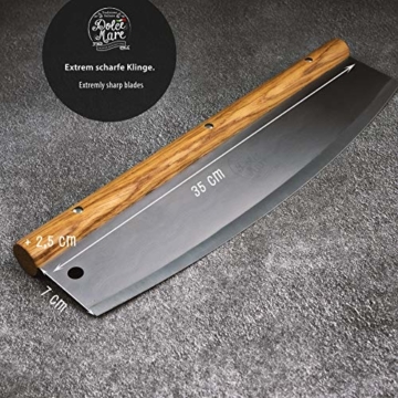 DOLCE MARE® Pizzaschneider - Vielseitig einsetzbares Wiegemesser mit edlem Griff aus Eichenholz - Pizzamesser mit extra scharfer Edelstahlklinge - Inklusive Klingenschutz & Anleitung - 4