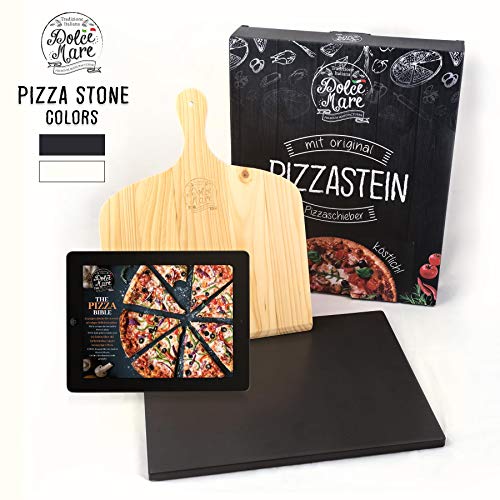 DOLCE MARE Pizzastein Schwarz - Pizza Stein aus hochwertigem Cordierit für den Backofen & Grill - Backstein für knusprige Pizza wie beim Italiener - Inkl. Pizzaschieber - Brotbackstein | Backstein - 1