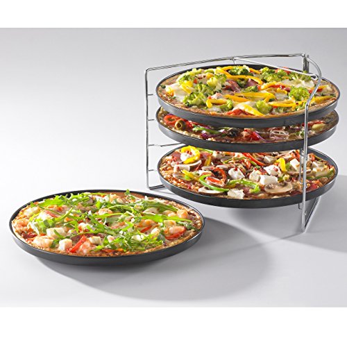 Grizzly Pizza Backset 5-teilig feststellbare Standhalterung 4 Rundbleche Ø 28 cm gleichzeitig Pizzen Backen und genießen Pizzableche einzeln Herausnehmbar - 6