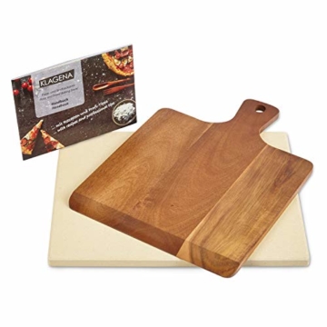 KLAGENA AS-626 Pizzastein-Set für Backofen & Grill, inkl. Pizzastein & Pizzaschaufel aus hochwertigem Akazienholz, Brotbackstein-Set aus Cordierit 38x30x1.5 cm - 1