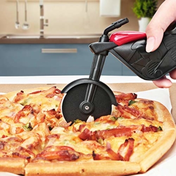 KUONIIY Motorrad Pizzaschneider, Edelstahl Kunststoff Pizzaroller, Pizzarad als schöne Dekor, Ideales Geschenk (21,5 * 8,5 cm, schwarz & rot) - 6