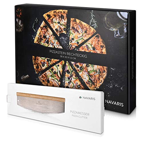 Navaris Pizzastein und Wiegemesser Set - Pizza Stein 38x30cm aus Cordierit - für Pizza Brot Flammkuchen - inkl. Pizzaschneider 35cm Edelstahl Klinge - 7