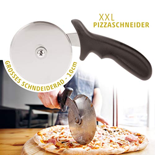 Pizzaschneider - Zerteilt Pizza mühelos in servierfähige Stücke - Pizzaroller mit XXL Schneiderad aus Edelstahl - Handlicher Pizza Cutter mit Fingerschutz - 3