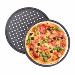 Relaxdays Pizzablech, 2er Set, rund, gelocht, antihaft, Pizza & Flammkuchen, Carbonstahl, Knusperblech, ∅ 32 cm, grau - 1