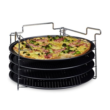 Relaxdays Pizzablech im 4er Set HBT: 20 x 32 x 32 cm Pizzabäcker-Set mit 4 Backblechen und Ständer als Pizza-Backblech und Flammkuchen Blech rundes Pizzabackblech mit Antihaftbeschichtung, anthrazit - 1