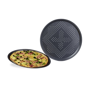 Relaxdays Pizzablech mit Perforation im Set runde Pizzabackbleche mit extra großem Durchmesser: ca. 29 cm Backbleche für Pizza und Flammkuchen Pizza Backset im 2er Set antihaftbeschichtet, anthrazit - 3