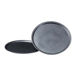 Relaxdays Pizzablech mit Perforation im Set runde Pizzabackbleche mit extra großem Durchmesser: ca. 29 cm Backbleche für Pizza und Flammkuchen Pizza Backset im 2er Set antihaftbeschichtet, anthrazit - 1