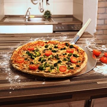 Relaxdays Pizzaschaufel rund, Pizzaschieber mit Holzgriff, Profi Pizzaheber & Brotschieber, Metall, Ø 30cm, beige/silber - 2