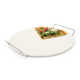 Relaxdays Pizzastein mit Halter, runde Steinplatte für Pizza & Flammkuchen, Grillstein aus Cordierit, 33 cm Ø, beige - 1