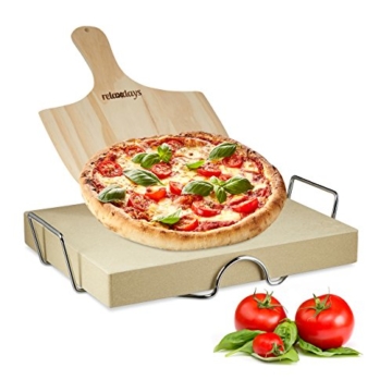 Relaxdays Pizzastein Set 5 cm Stärke mit Metallhalter und Pizzaschieber aus Holz HBT 7 x 43 x 31,5 cm rechteckiger Brotbackstein für Pizza und Flammkuchen mit Pizzaschaufel für Pizzaofen, natur - 1