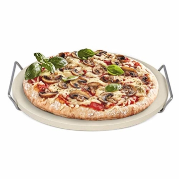 Rustler Pizzastein-/ Brotbackstein ø38 cm mit Edelstahl-Gestell | für Pizza, Flammkuchen, frischem Brot, Brötchen, Quiches und Kuchen | für Backöfen, Holzkohle- und Gasgrills geeignet - 1