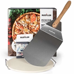 Rustler Pizzastein-/ Brotbackstein ø38 cm mit Edelstahl-Gestell + Pizzaschieber aus Edelstahl | für Pizza, Flammkuchen & Brot | für Backöfen, Holzkohle- und Gasgrills geeignet | in Geschenkverpackung - 1