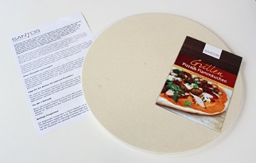 SANTOS Runder Premium Pizzastein - Ø 26 cm - bis 1.000 Grad - für Gasgrills, Backofen, Holzkohlegrills, Brotbackbackstein geeignet - 2