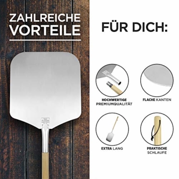 SQUALIPRODU ® Pizzaschieber - Pizzaschaufel aus rostfreiem Edelstahl und Pappelholz - stabiles Gewinde & robuster Holzstab - extra lang - entgratet - Schlaufe zum Aufhängen - 2