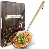 SQUALIPRODU ® Pizzaschieber - Pizzaschaufel aus rostfreiem Edelstahl und Pappelholz - stabiles Gewinde & robuster Holzstab - extra lang - entgratet - Schlaufe zum Aufhängen - 1