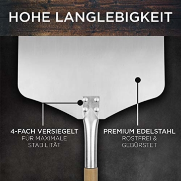 SQUALIPRODU ® Pizzaschieber - Pizzaschaufel aus rostfreiem Edelstahl und Pappelholz - stabiles Gewinde & robuster Holzstab - extra lang - entgratet - Schlaufe zum Aufhängen - 4