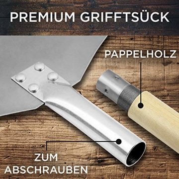 SQUALIPRODU ® Pizzaschieber - Pizzaschaufel aus rostfreiem Edelstahl und Pappelholz - stabiles Gewinde & robuster Holzstab - extra lang - entgratet - Schlaufe zum Aufhängen - 5
