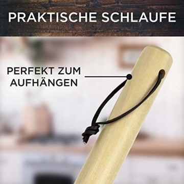 SQUALIPRODU ® Pizzaschieber - Pizzaschaufel aus rostfreiem Edelstahl und Pappelholz - stabiles Gewinde & robuster Holzstab - extra lang - entgratet - Schlaufe zum Aufhängen - 6