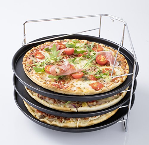 Zenker Pizzaset 4-teilig, 3 x Pizzablech mit Ständer, Pizzabackblech, rund (Ø 29 cm) & beschichtet, für 5 Pizzen & Flammkuchen gleichzeitig im Backofen - 2